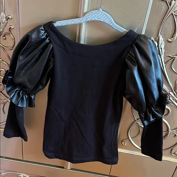 Ooh! La,La! Couture Black Pleather Puff Sleeve Top and Pleather Jogger Set